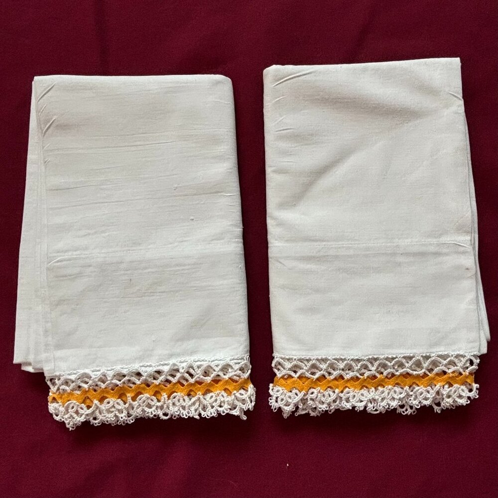 2 Vintage White Cotton Orange Crochet Edge Pillowcases